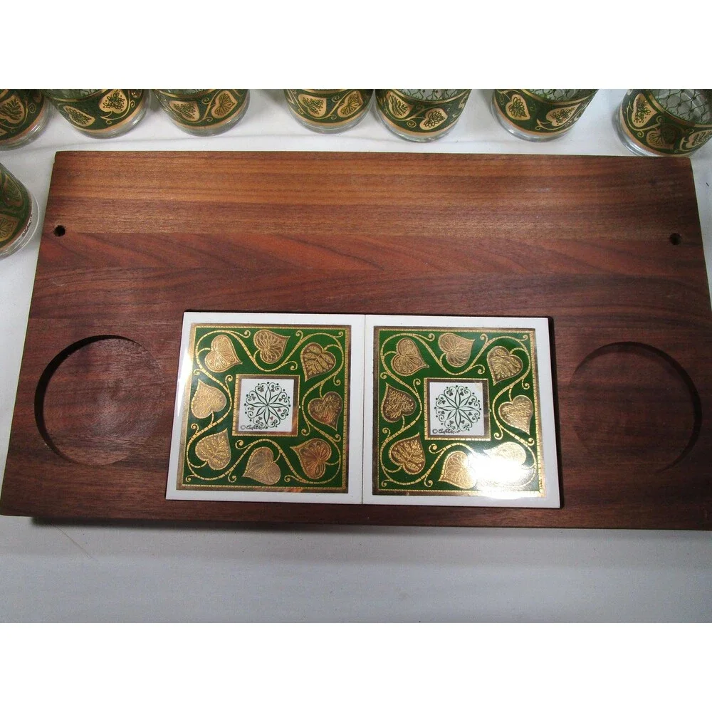 1960s Culver Highball Set, 8 Tumblers, 2 Bowls, Wood Tray, 22k Gold